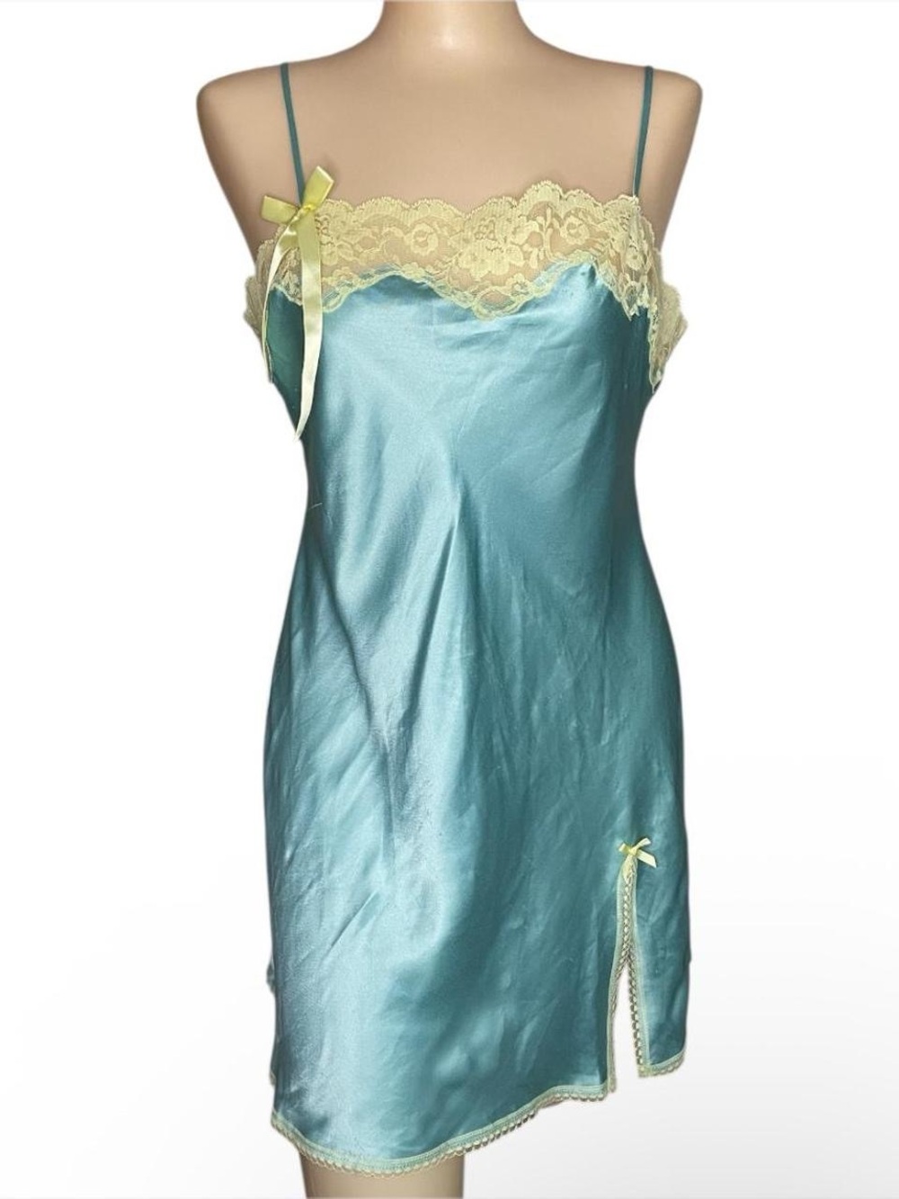 2000s Victoria's Secret Aqua Satin Lace-Trim Chemise with Pale Yellow Accents